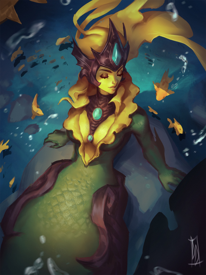 1girl animal artist_name blonde_hair breasts closed_eyes closed_mouth colored_skin ditahsdoh facing_to_the_side fish from_above gem green_skin helmet highres large_breasts league_of_legends mermaid monster_girl nami_(league_of_legends) shiny_skin sitting solo water yellow_skin