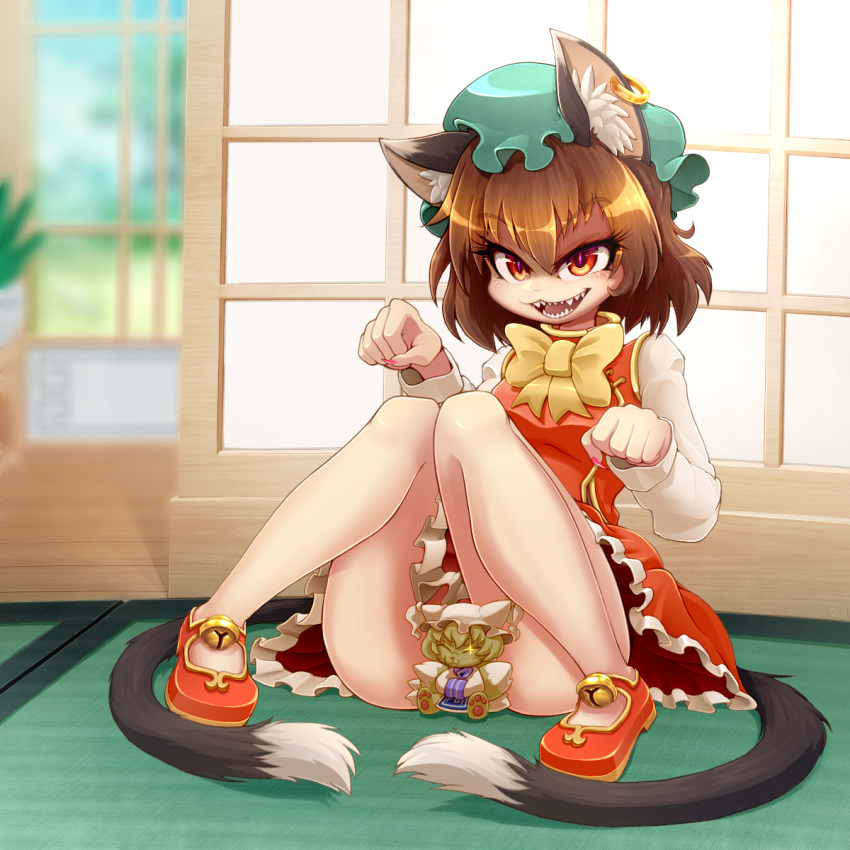 1girl animal_ear_fluff animal_ears bare_legs bell blurry blurry_background bow bowtie breasts brown_hair cat_ears cat_tail chen daniel_renard dress earrings gold_trim hair_between_eyes hands_up hat highres indoors jewelry jingle_bell knees_together_feet_apart mob_cap multiple_tails nail_polish nekomata no_socks paw_pose petite pink_nails red_dress red_eyes sharp_teeth short_hair single_earring small_breasts solo tail teeth touhou two_tails yakumo_ran yakumo_ran_(fox) yellow_bow yellow_bowtie