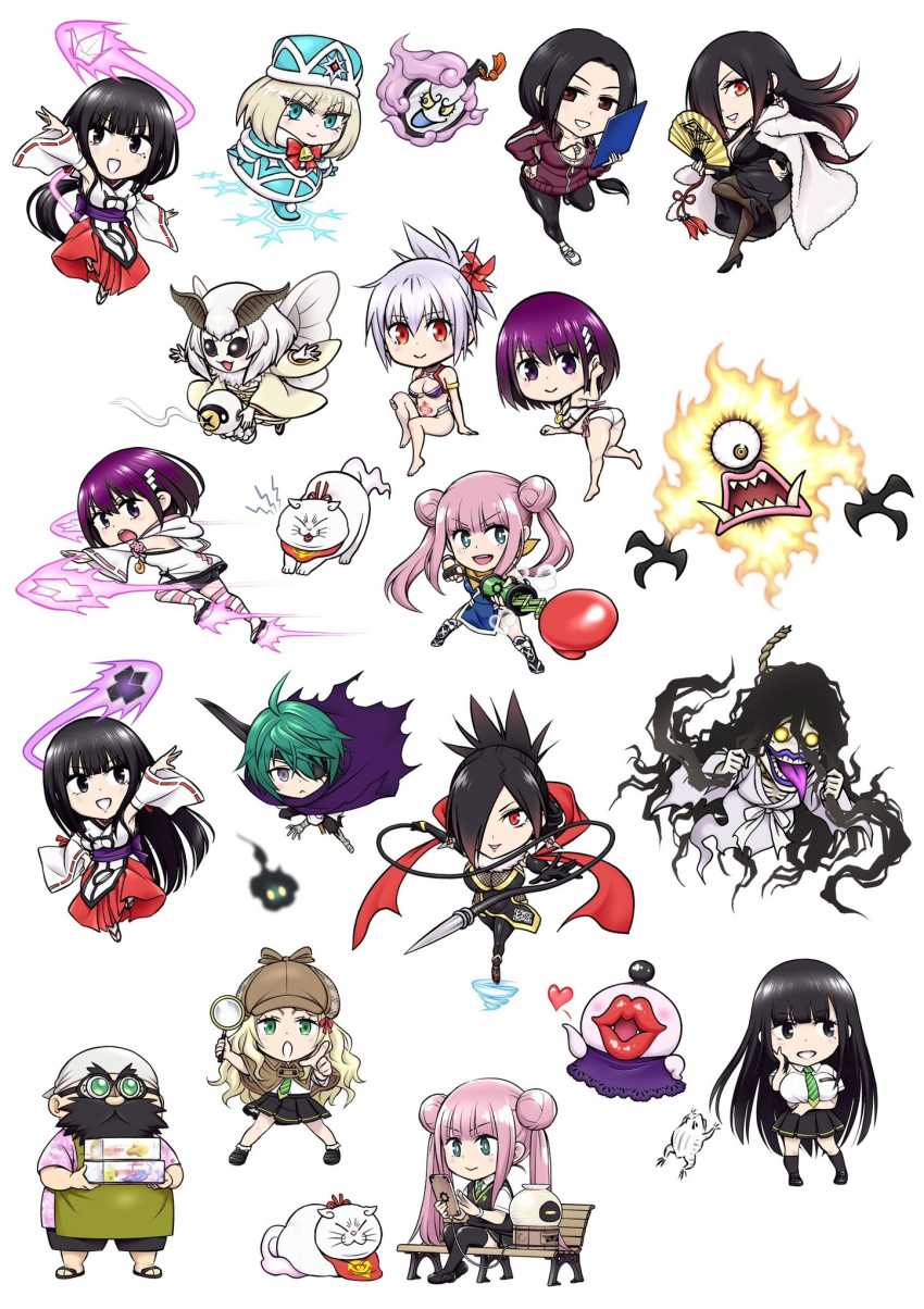 2boys 6+girls ayakashi_triangle black_hair character_request chibi commentary_request eyelashes hand_fan happy highres hinojiki_sosuke hirasaka_mei_(ayatora) holding holding_fan japanese_clothes kanade_suzu kazamaki_matoi kazamaki_matsuri kazamaki_matsuri_(female) korogi_reo long_hair looking_at_viewer magnifying_glass miko multiple_boys multiple_girls necktie ninja official_art red_eyes school_uniform shirogane_(ayatora) short_hair simple_background smile snegurochka_(ayatora) standing swimsuit sword tsukioka_lucy ungaikyou_(ayatora) weapon white_background yabuki_kentarou