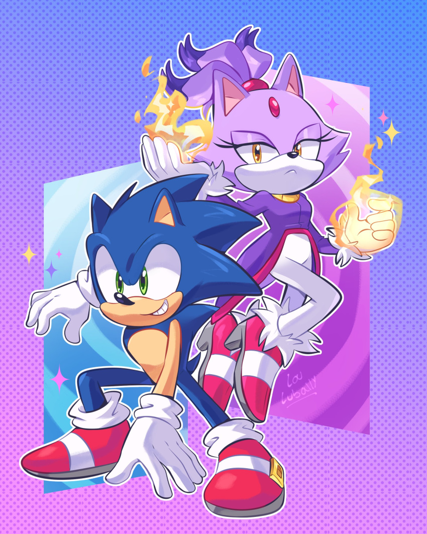 1boy 1girl absurdres blaze_the_cat blue_fur cat_girl fire forehead_jewel fur-trimmed_footwear gloves gold_necklace green_eyes highres jacket jewelry lou_lubally necklace pants pink_footwear ponytail purple_fur purple_jacket red_footwear sonic_(series) sonic_rush sonic_the_hedgehog white_pants yellow_eyes