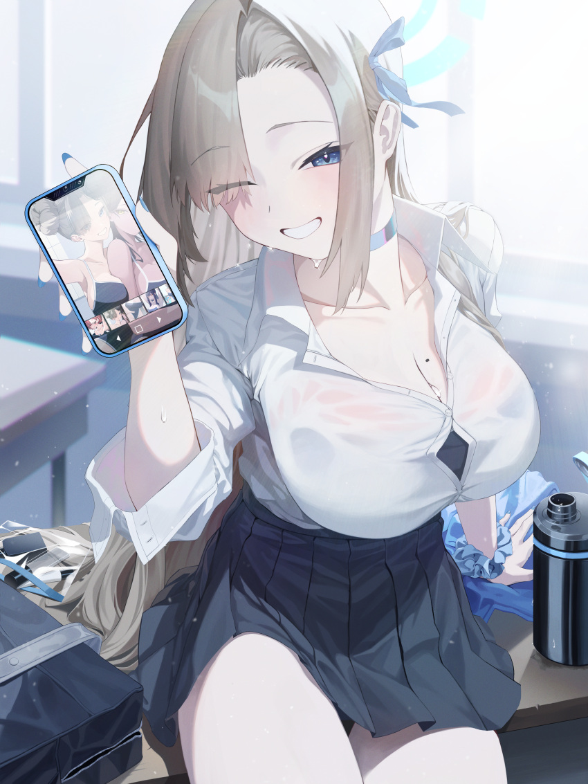 1girl ;d absurdres asuna_(blue_archive) asymmetrical_bangs black_skirt blue_archive blush breasts cellphone_picture choker cleavage collarbone derk hair_over_one_eye highres holding holding_phone karin_(blue_archive) large_breasts light_brown_hair long_hair looking_at_viewer mole mole_on_breast one_eye_closed open_collar phone pleated_skirt school_uniform scrunchie shirt shirt_tucked_in showing sitting skirt smile solo swimsuit swimsuit_under_clothes very_long_hair white_shirt wrist_scrunchie