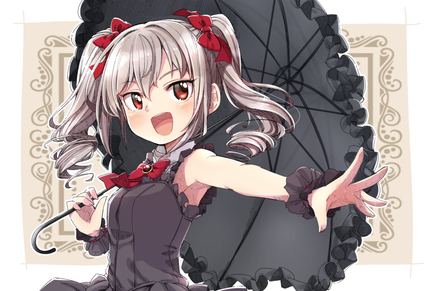 1girl :d armpits bare_shoulders black_dress blush bow breasts brooch brown_background commentary_request dress frilled_umbrella frills grey_hair grey_umbrella hair_between_eyes hair_bow highres holding holding_umbrella idolmaster idolmaster_cinderella_girls jewelry kanzaki_ranko long_hair medium_breasts outstretched_arm red_bow red_eyes ringlets sleeveless sleeveless_dress smile solo teeth twintails umbrella upper_teeth_only wrist_cuffs yukie_(kusaka_shi)