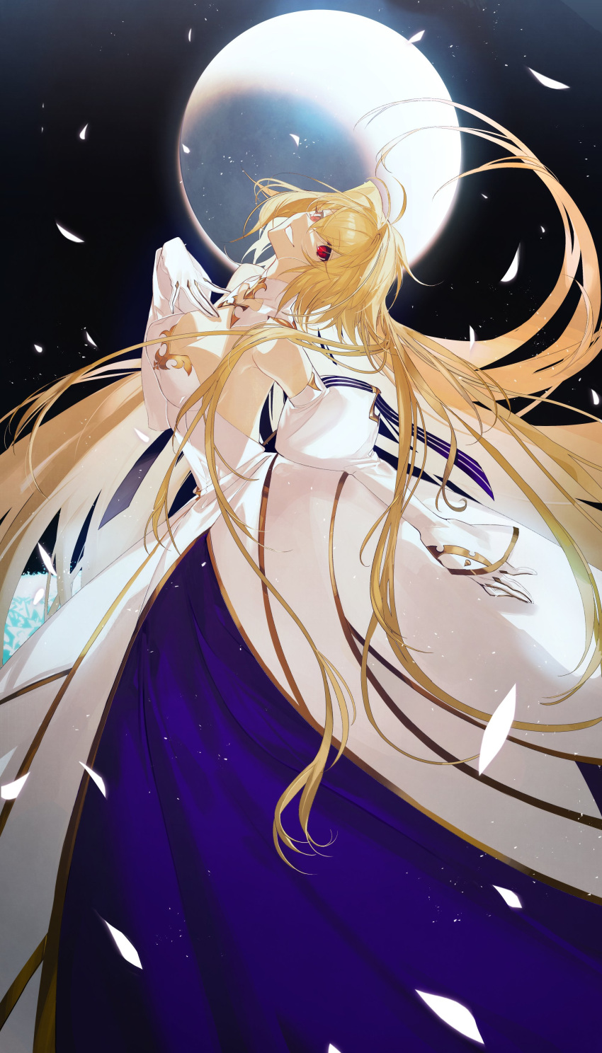 1girl absurdres archetype_earth arcueid_brunestud arm_at_side backless_dress backless_outfit blonde_hair blue_ribbon blue_skirt breasts cleavage collar detached_collar detached_sleeves dress falling_petals fate/grand_order fate_(series) full_moon gloves gold_trim grin hand_on_own_chest hand_up head_tilt highres juliet_sleeves kaifei_(kaifei_29) long_dress long_sleeves looking_at_viewer moon night night_sky petals puffy_sleeves red_eyes ribbon skirt sky sleeves_past_wrists smile solo standing striped striped_ribbon tsukihime white_collar white_dress white_gloves white_petals