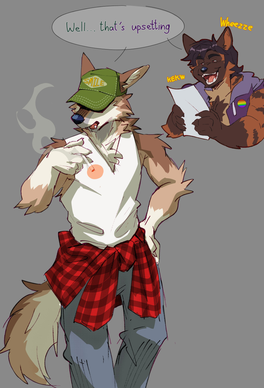 absurd_res anthro bottomwear brown_hyena canid canine canis cape_escape cigarette clothing coyote crimsonrabbit denim denim_clothing duo hi_res hidden_eyes hyena jeans jet_adler laugh male mammal marrow_(sebastiansb) pants shirt smoking smoking_cigarette stripes tank_top topwear trucker_hat