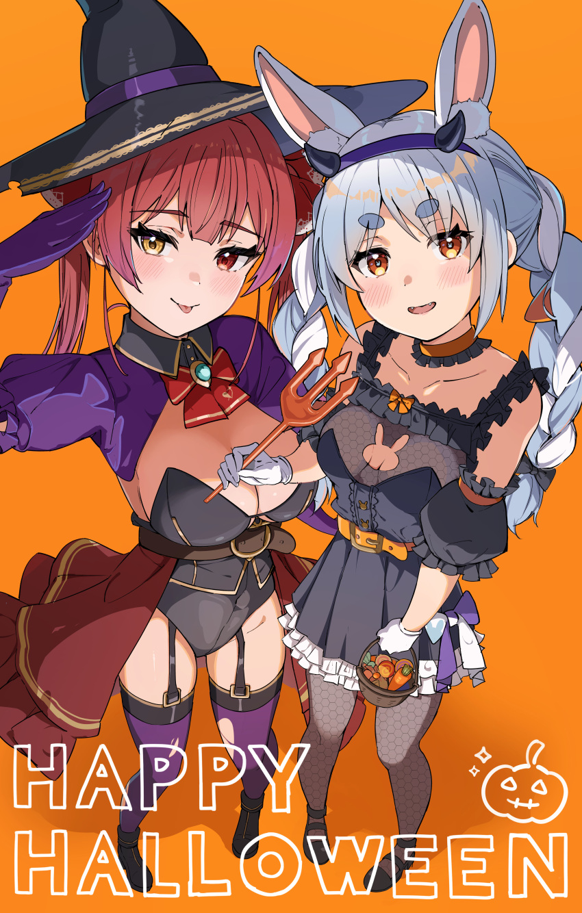 2girls absurdres animal_ears black_leotard braid breasts bucket carrot_hair_ornament choker cleavage fake_horns food-themed_hair_ornament gloves hair_ornament halloween halloween_bucket halloween_costume happy_halloween haru_yu hat heterochromia highres holding holding_bucket hololive horn_hairband horns houshou_marine large_breasts leotard long_hair looking_at_viewer multiple_girls open_mouth orange_choker purple_gloves purple_shrug purple_thighhighs rabbit_ears red_eyes red_hair red_skirt short_eyebrows shrug_(clothing) skirt small_breasts smile thighhighs tongue tongue_out torn_clothes torn_thighhighs twin_braids twintails usada_pekora virtual_youtuber white_gloves witch witch_hat yellow_eyes