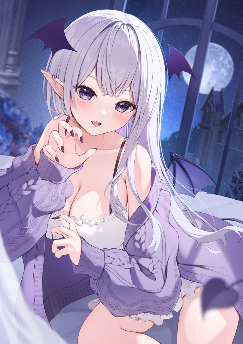 1girl bare_shoulders bat_wings blush breasts cardigan claw_pose cleavage collarbone commentary_request ear_piercing full_moon head_wings highres indie_virtual_youtuber indoors large_breasts long_hair long_sleeves looking_at_viewer moon nekoma_riri night nightgown off_shoulder parted_lips piercing pointy_ears purple_cardigan purple_eyes purple_nails solo spaghetti_strap teeth tyabesu upper_teeth_only virtual_youtuber white_hair white_nightgown wings