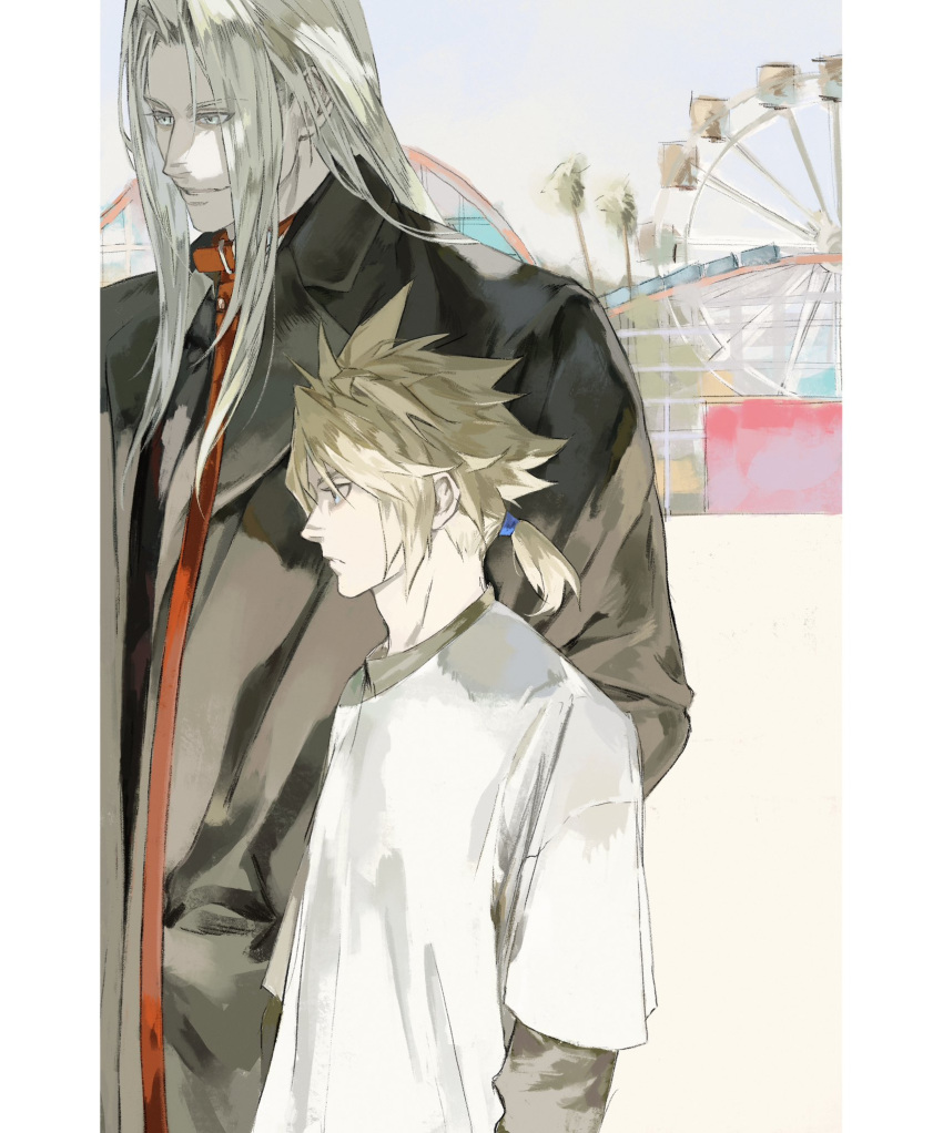 2boys age_difference aged_down alternate_costume alternate_universe amusement_park black_coat blue_sky cloud_strife coat collared_shirt commentary dappled_sunlight day english_commentary expressionless facing_to_the_side ferris_wheel final_fantasy final_fantasy_vii grey_hair hands_in_pockets highres layered_shirt layered_sleeves light_frown long_bangs long_coat long_hair looking_to_the_side low_ponytail male_focus multiple_boys open_clothes open_coat outdoors palm_tree parted_bangs ponytail red_shirt roller_coaster sephiroth serious shirt short_hair short_ponytail sky smile spiked_hair standing sunlight tree white_eyes white_hair white_shirt xscr1205