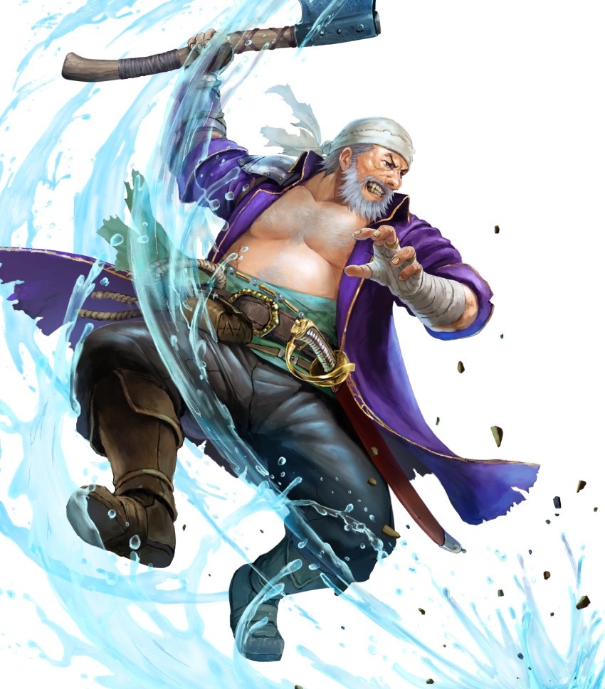 1boy axe bandana beard brown_footwear coat facial_hair fargus_(fire_emblem) fire_emblem fire_emblem:_the_blazing_blade fire_emblem_heroes highres holding holding_axe no_shirt non-web_source official_art old old_man purple_coat solo water