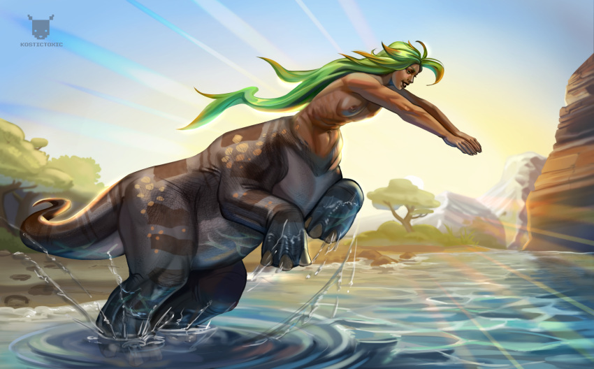 2023 anthro bathing breasts ceratopsian digital_media_(artwork) dinosaur diving female green_eyes green_hair hair hi_res humanoid kostictoxic mountain nipples not_furry nude ornithischian outside plant portrait reptile river scalie shaded signature sky small_breasts smile solo splash sunny sunset swimming tail taur tree triceratops water wet