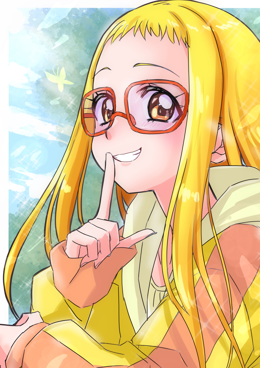 1girl absurdres aged_up alternate_hair_length alternate_hairstyle blonde_hair blush eyelashes finger_to_mouth highres index_finger_raised kasugano_urara_(yes!_precure_5) kibou_no_chikara_~otona_precure_'23~ long_hair looking_at_viewer momo02634 precure simple_background smile solo yellow_eyes yes!_precure_5