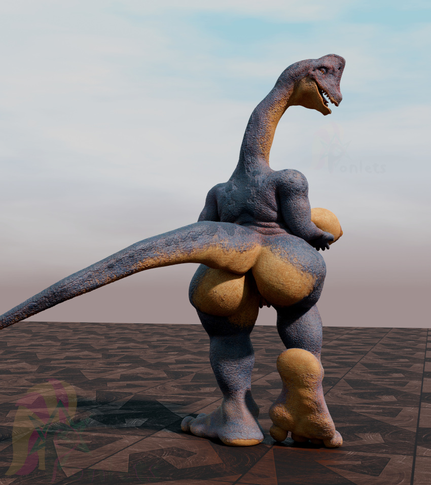 absurd_res animal_humanoid anthro blender_(software) brachiosaurid brachiosaurus breana_(upai) butt dinosaur dinosaur_humanoid feet female hi_res humanoid large_feet looking_at_viewer nude ponlets reptile reptile_humanoid sauropod scalie scalie_humanoid soles solo tail thick_thighs upai