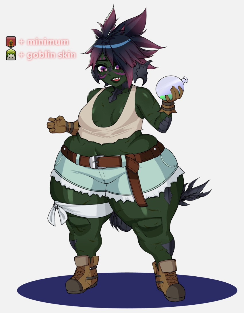 belt bottom_heavy bottomwear breasts clothing english_text female goblin green_body green_skin grey_background hi_res holding_object holding_potion humanoid humanoid_pointy_ears implied_transformation midriff potion potion_bottle shadow short_stack shorts simple_background small_breasts solo standing strongmoist text thick_thighs torn_clothing wide_hips