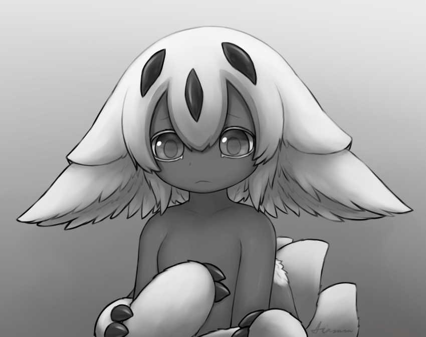 aiasuru anthro arthropod big_ears breasts claws comforting dark_body darkness faputa featureless_breasts featureless_chest female fluffy fluffy_tail fur gradient_background hair horn humanoid hybrid insect lepidopteran looking_down made_in_abyss monochrome moth multi_arm multi_limb multi_tail narehate sad simple_background solo tail white_hair worried worried_look