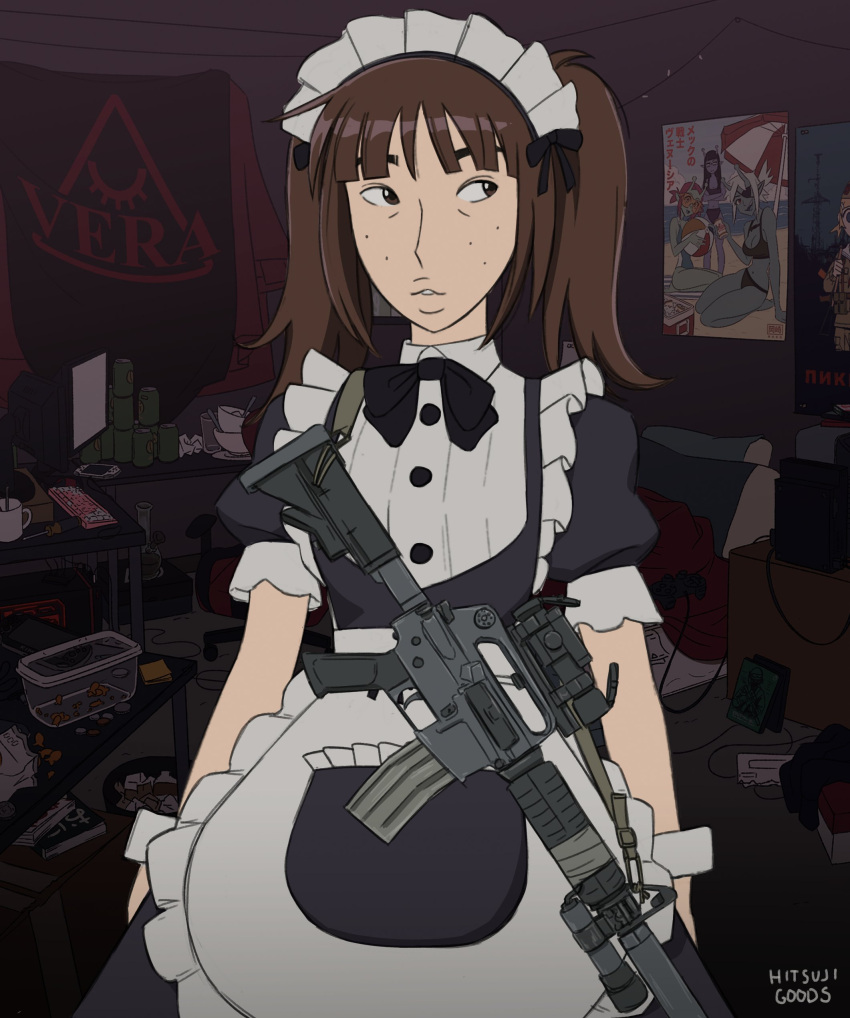 1girl absurdres acog alternate_costume artist_name assault_rifle black_eyes brown_hair enmaided eyebrows_hidden_by_hair flashlight freckles gun highres hitsuji_(hitsujigoods) kara_eklund looking_to_the_side m4_carbine maid maid_headdress neet_girl_date_night poster_(object) puffy_short_sleeves puffy_sleeves rifle scope short_sleeves signature sling solo suppressor table twintails weapon wrist_cuffs