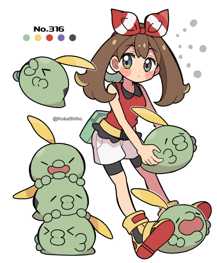 &gt;_&lt; 1girl artist_name bike_shorts bow brown_hair closed_eyes grey_eyes gulpin highres kokashiho long_hair may_(pokemon) open_mouth pokemon pokemon_(game) pokemon_oras red_bow red_shirt shirt shoes shorts shorts_under_shorts simple_background sleeveless sleeveless_shirt two-tone_bow white_background white_bow white_shorts yellow_footwear