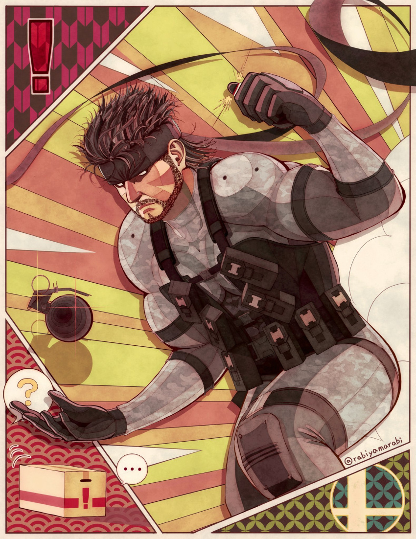 ! 1boy ? bandana beard bodysuit box brown_hair cardboard_box explosion explosive facial_hair grenade grey_bodysuit highres male_focus metal_gear_(series) metal_gear_solid rabiyamarabi seigaiha serious smoke sneaking_suit solid_snake solo super_smash_bros. super_smash_bros._logo thumbs_up yagasuri