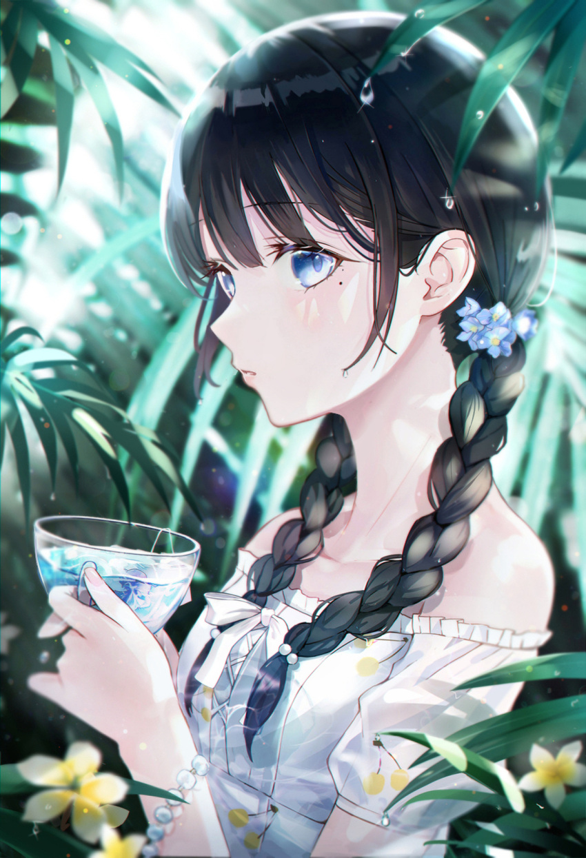 1girl bare_shoulders blue_eyes blue_flower blurry blurry_background bracelet braid commentary cup depth_of_field dress english_commentary flower hair_between_eyes hair_flower hair_ornament hair_over_shoulder hands_up highres holding holding_cup iren_lovel jewelry long_hair low_twintails mole mole_under_eye off-shoulder_dress off_shoulder original parted_lips pearl_bracelet puffy_short_sleeves puffy_sleeves revision short_sleeves solo transparent twin_braids twintails water_drop white_dress white_flower