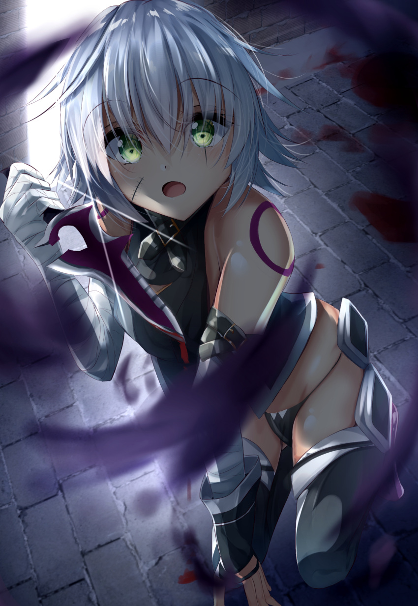 arm_belt bandaged_arm bandages bare_shoulders black_feathers black_panties blood boots dagger eyebrows_hidden_by_hair fate/apocrypha fate_(series) feathers gloves green_eyes hair_between_eyes highres holding holding_dagger holding_knife holding_weapon jack_the_ripper_(fate/apocrypha) kneeling knife looking_at_viewer lowleg lowleg_panties messy_hair panties scar scar_across_eye scar_on_cheek scar_on_face short_hair shoulder_tattoo single_glove suisen-21 tattoo thigh_boots underwear weapon