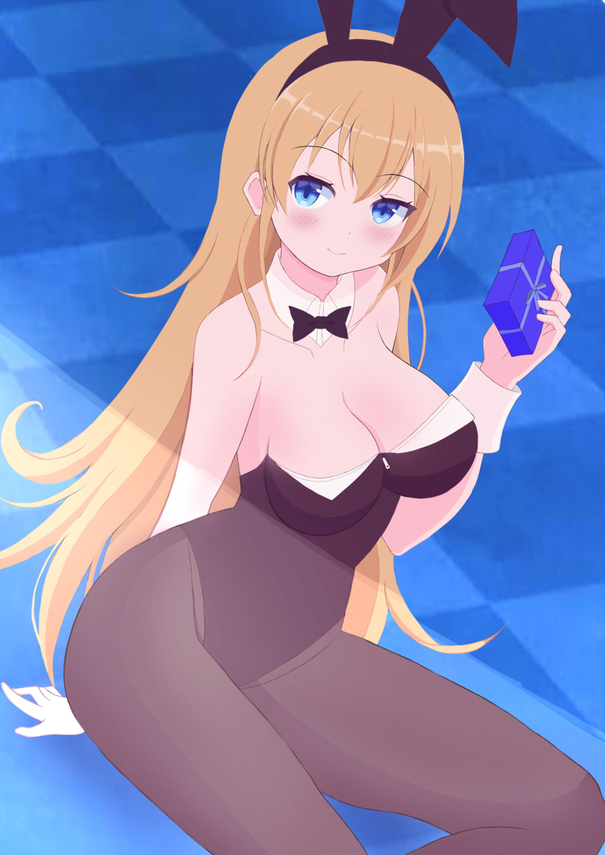 absurdres animal_ears azur_lane black_leotard blonde_hair blue_background blue_eyes bow bowtie breasts cleavage commission fake_animal_ears gift highres leotard long_hair medium_breasts mikoko1 north_carolina_(azur_lane) playboy_bunny skeb_commission thighs very_long_hair