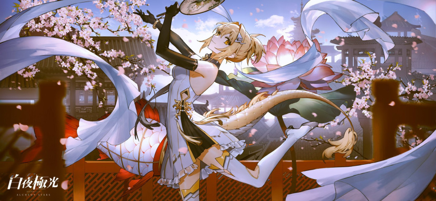 1girl alchemy_stars architecture arms_up black_gloves blonde_hair blurry blurry_foreground breasts cherry_blossoms closed_mouth copyright_name dress east_asian_architecture elbow_gloves flower gloves grey_footwear hair_intakes hair_ornament hand_fan high_heels highres holding holding_fan libuqilai looking_at_viewer looking_to_the_side lotus official_art petals ponytail shawl short_ponytail sleeveless sleeveless_dress small_breasts solo standing standing_on_one_leg tail thighhighs vice_(alchemy_stars) white_dress white_thighhighs yellow_eyes