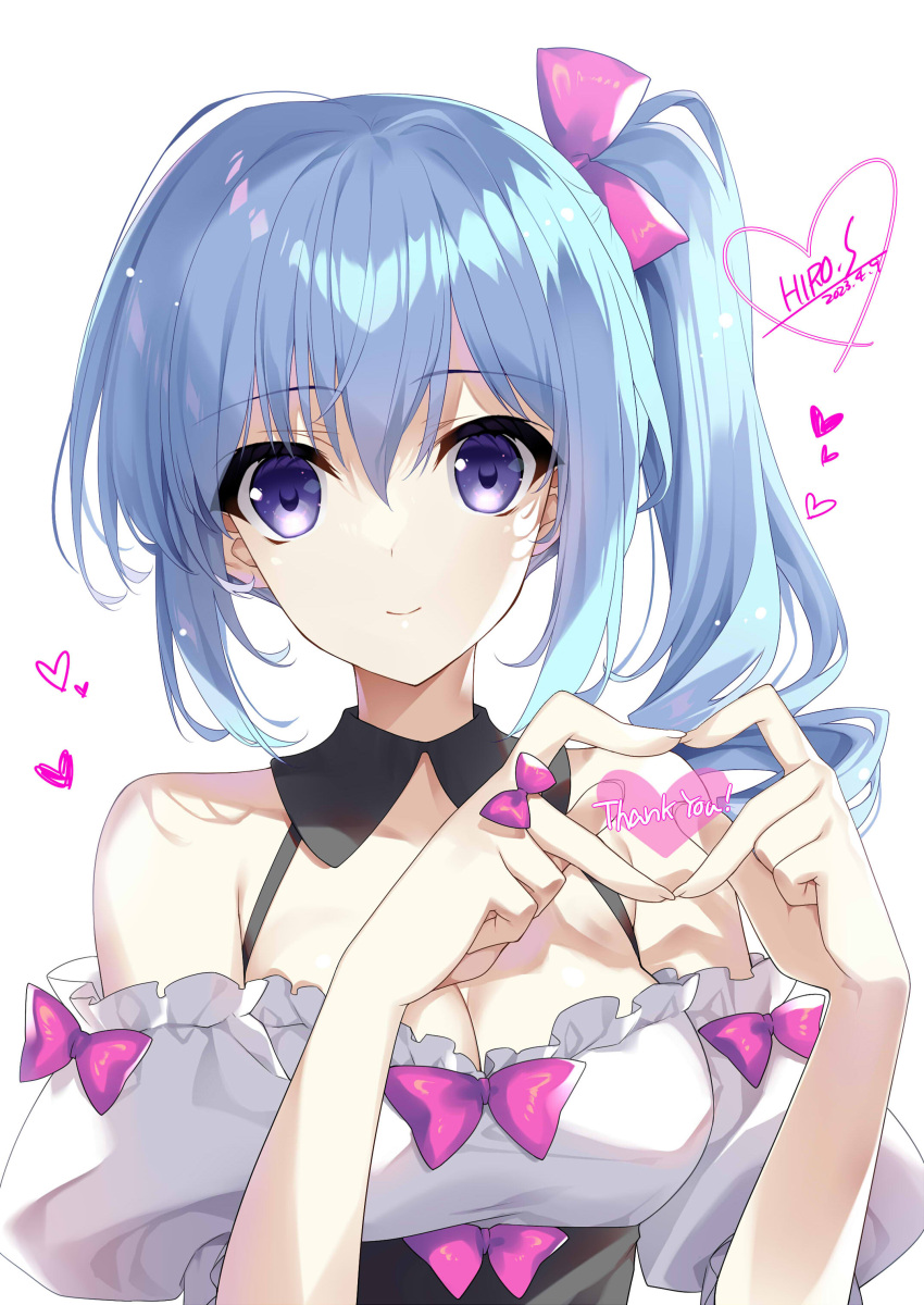 1girl absurdres aqua_hair blue_eyes breasts character_request cleavage commentary copyright_request heart heart_hands highres long_hair pink_ribbon ribbon side_ponytail signature small_breasts smile solo suzuhira_hiro upper_body white_background