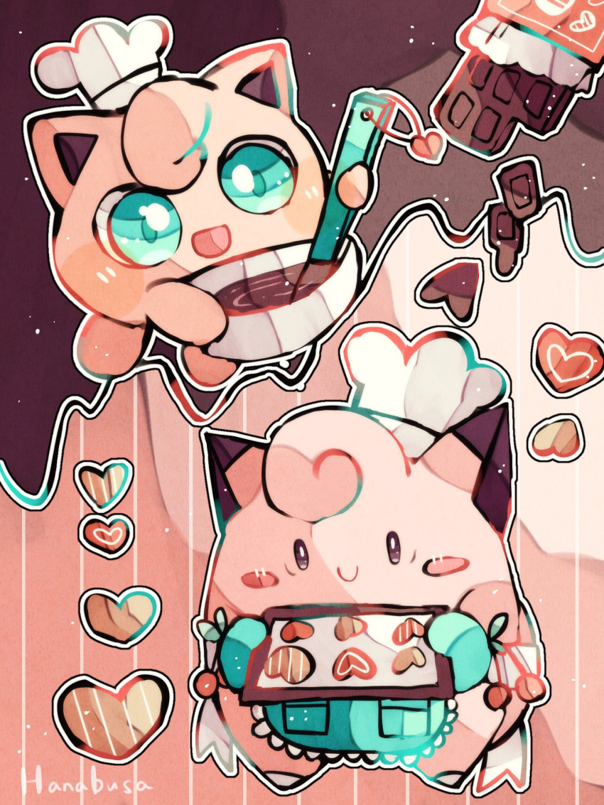 animal_focus apron artist_name baking_sheet blue_eyes brown_background candy chef_hat chocolate chocolate_bar clefairy clothed_pokemon colored_skin commentary_request cookie food hanabusaoekaki hat heart highres jigglypuff no_humans pink_background pink_skin pokemon pokemon_(creature) smile solid_oval_eyes stirring