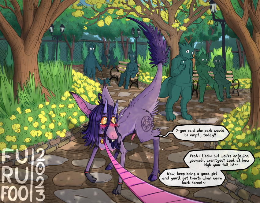 anthro avian bench bird blush bodily_fluids breasts canid canine canis collar cutie_mark dewclaw dialogue domestic_cat domestic_dog equid equine exhibitionism felid feline felis feral feral_prosthetic_limb flower fur furufoo garden genital_fluids genitals hasbro hi_res hooves horn horse kobold lagomorph leaking_pre leash leporid lizard mammal my_little_pony out-of-placers park paws penis perspective petplay plant portal precum puppyplay purple_body purple_fur quadruped rabbit recording reptile roleplay scalie tattoo trans_(lore) trans_woman_(lore) tree walkies webcomic wolf yinglet