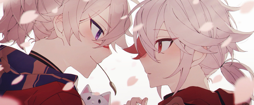 2boys animal blush cat cherry_blossoms closed_mouth coojisan eye_contact face-to-face genshin_impact grey_hair hair_between_eyes highres japanese_clothes kaedehara_kazuha kazuha's_friend_(genshin_impact) looking_at_another male_focus mouth_hold multicolored_hair multiple_boys parted_lips petals ponytail profile purple_eyes red_eyes scar scar_on_face scar_on_nose scarf simple_background streaked_hair upper_body white_background white_hair yaoi