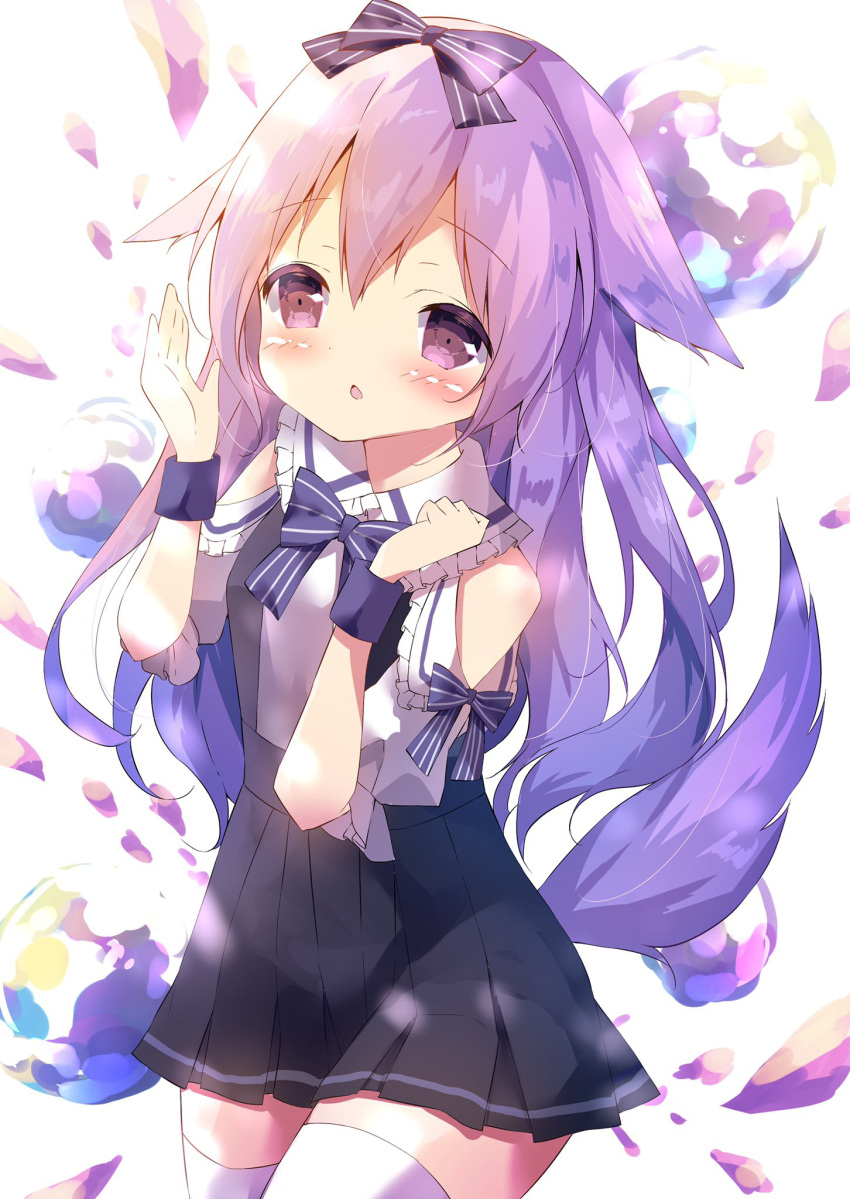 1girl :o animal_ears black_skirt blue_bow blush bow clothing_cutout collared_shirt commentary_request frilled_shirt_collar frills hair_between_eyes hamada_pengin hands_up highres looking_at_viewer original parted_lips pleated_skirt purple_eyes purple_hair shirt shoulder_cutout simple_background skirt solo striped striped_bow suspender_skirt suspenders tail thighhighs white_background white_shirt white_thighhighs
