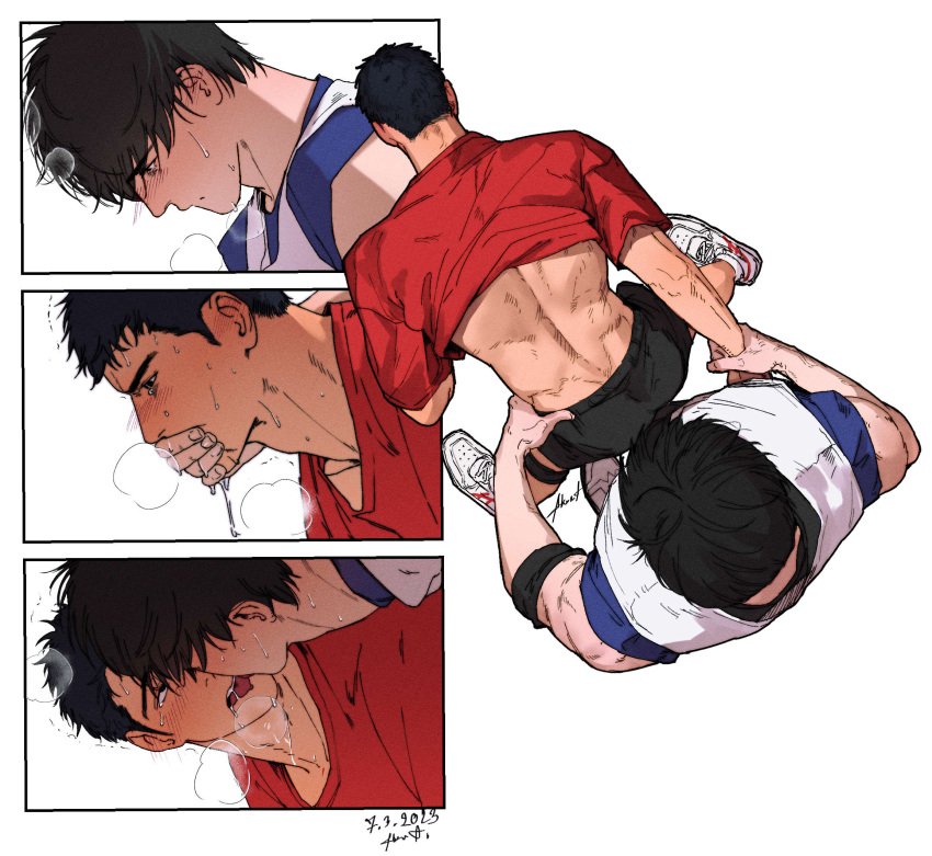 2boys ass back bara black_hair black_shorts blue_shirt blush closed_mouth crying crying_with_eyes_open fatcat french_kiss hand_on_another's_face highres holding_another's_wrist kiss male_focus mitsui_hisashi multiple_boys muscular muscular_male open_mouth red_shirt rukawa_kaede saliva shirt short_hair shorts slam_dunk_(series) tears tongue tongue_out translation_request yaoi