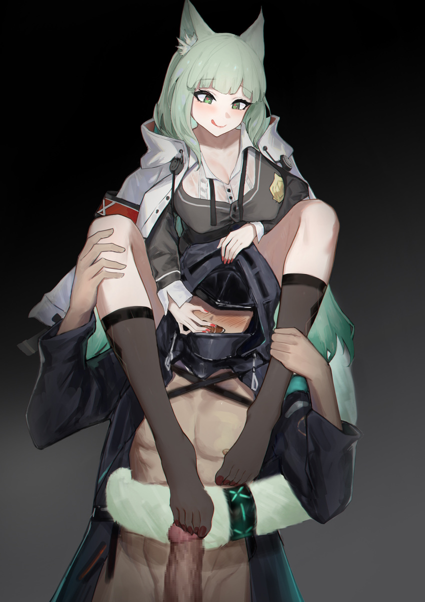 1boy 1girl animal_ear_fluff animal_ears arknights blush breasts cat_ears cat_girl cat_tail censored covered_nipples doctor_(arknights) erection footjob green_eyes green_hair harmonie_(arknights) highres jacket jacket_on_shoulders kneehighs large_breasts licking licking_finger licking_lips long_hair long_sleeves mosaic_censoring open_mouth penis pink_nails sawaki_ken smile socks tail tongue tongue_out