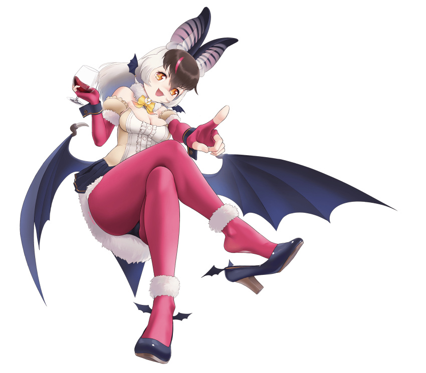 1girl animal_ears bare_shoulders bat_ears bat_girl bat_wings beleven black_footwear black_skirt bow bowtie brown_hair brown_long-eared_bat_(kemono_friends) brown_shirt center_frills cup detached_sleeves drinking_glass elbow_gloves feet fingerless_gloves frilled_skirt frills fur_trim gloves hair_between_eyes high_heels highres kemono_friends kemono_friends_v_project legs multicolored_hair orange_eyes pantyhose pink_gloves pink_pantyhose pleated_skirt pointing puffy_short_sleeves puffy_sleeves shirt shoe_dangle short_hair short_sleeves sidelocks skirt solo two-tone_hair two-tone_shirt virtual_youtuber white_fur white_hair white_shirt wine_glass wings yellow_bow yellow_bowtie