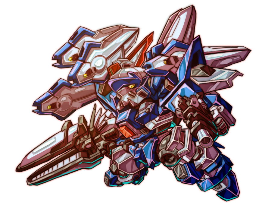 ashsaber chibi dual_wielding full_body gun gunblade highres holding holding_gun holding_weapon looking_up mecha no_humans orange_eyes robot science_fiction solo super_robot_wars super_robot_wars_advance super_robot_wars_original_generation uungunover weapon white_background