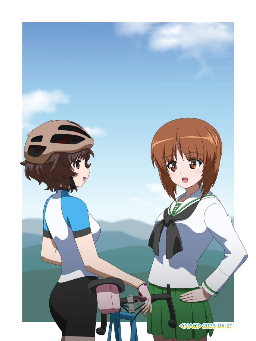 2girls akiyama_yukari artist_name bicycle bicycle_helmet bike_jersey bike_shorts black_neckerchief blouse blue_shirt blue_sky brown_eyes brown_hair cloud cloudy_sky commentary dated day girls_und_panzer green_skirt grey_headwear hand_on_own_hip helmet highres long_sleeves looking_at_another messy_hair miniskirt mountainous_horizon multiple_girls naotosi neckerchief nishizumi_miho ooarai_school_uniform open_mouth outdoors pleated_skirt raglan_sleeves sailor_collar school_uniform serafuku shirt short_hair short_sleeves skirt sky smile sportswear standing white_sailor_collar white_shirt