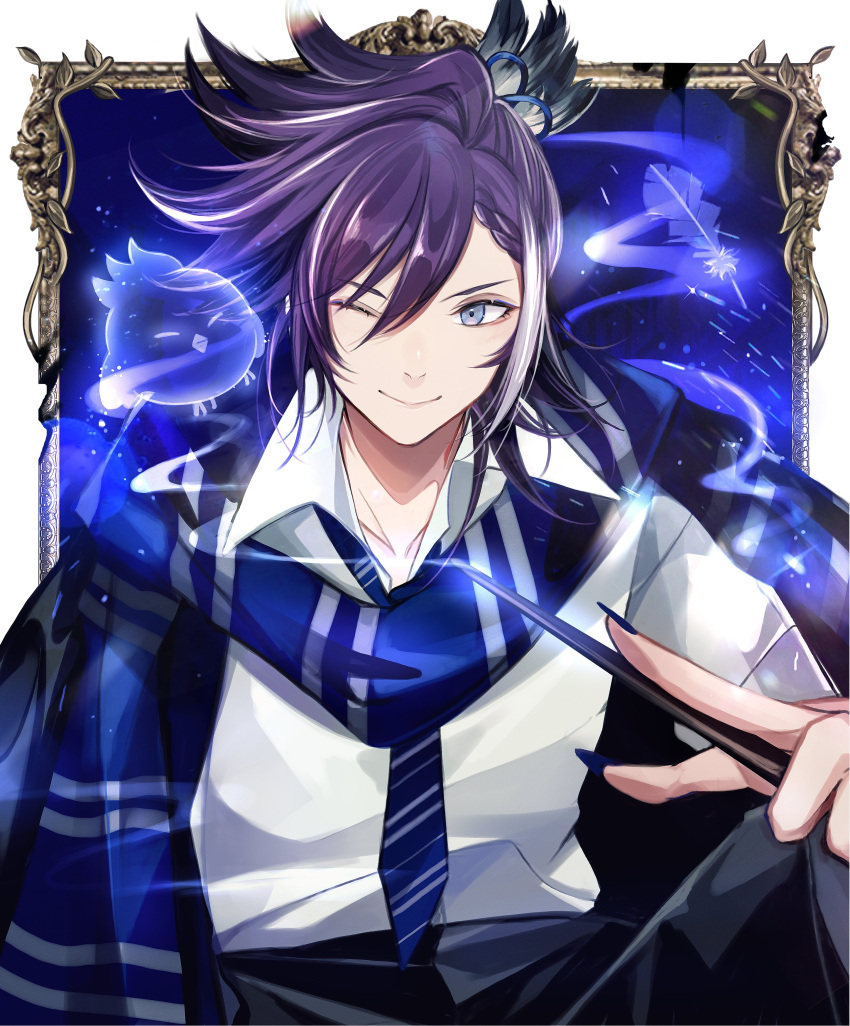 1boy absurdres banzoin_hakka blue_eyes blue_scarf crown_(artist) feather_hair_ornament feathers ghost hair_between_eyes hair_ornament hakkito_(banzoin_hakka) highres holding holding_wand holostars holostars_english long_hair looking_at_viewer male_focus multicolored_hair one_eye_closed picture_frame purple_hair ravenclaw scarf smile solo upper_body virtual_youtuber wand wizarding_world