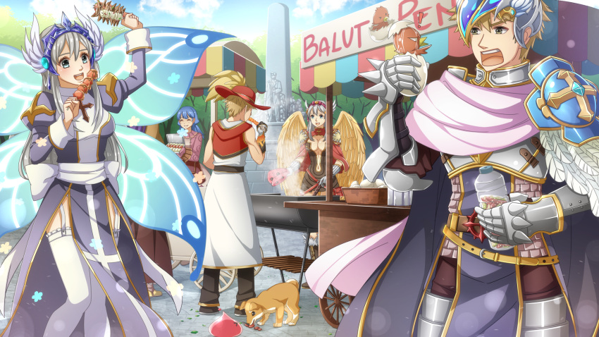 2boys 3girls armor back_bow balut belt bird black_footwear black_pants blonde_hair blue_eyes blue_sky blush bow breastplate breasts brown_belt brown_dress brown_eyes brown_vest cape chainmail champion_(ragnarok_online) chick cleavage cloud commentary creator_(ragnarok_online) cross dog dress drill eating egg english_commentary feathered_wings feet_out_of_frame food food_stand frilled_thighhighs frills garter_straps gauntlets gloves golden_wings grey_cape grey_dress grey_hair hat head_wings high_priest_(ragnarok_online) highres hooded_coat juliet_sleeves kebab long_hair long_sleeves lord_knight_(ragnarok_online) medium_bangs medium_breasts merchant_(ragnarok_online) multiple_boys multiple_girls navel open_mouth pants pauldrons picky_(ragnarok_online) plume plunging_neckline poring puffy_sleeves ragnarok_online red_cape red_headwear riabels sash shoes short_dress short_hair shoulder_armor sky sleeveless_coat smile spiked_gauntlets tabard thighhighs two-tone_dress vest waist_bow white_bow white_dress white_gloves white_sash white_wings wings