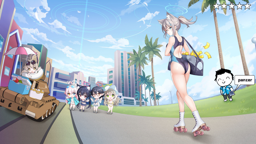 absurdres animal_ear_fluff animal_ears arona's_sensei_doodle_(blue_archive) ass ayane_(blue_archive) ayane_(swimsuit)_(blue_archive) black_one-piece_swimsuit blue_archive blue_eyes blue_sky breasts building chibi cloud competition_swimsuit cooler cross_hair_ornament day extra_ears fisheye from_behind grand_theft_auto grand_theft_auto:_vice_city grey_hair hair_ornament halo hifumi_(blue_archive) hifumi_(swimsuit)_(blue_archive) highres hoshino_(blue_archive) hoshino_(swimsuit)_(blue_archive) looking_at_viewer low_ponytail medium_breasts medium_hair military_vehicle mismatched_pupils motor_vehicle multicolored_clothes multicolored_swimsuit nonomi_(blue_archive) nonomi_(swimsuit)_(blue_archive) official_alternate_costume okazakileo one-piece_swimsuit outdoors palm_tree roller_skates sensei_(blue_archive) serika_(blue_archive) serika_(swimsuit)_(blue_archive) shiroko_(blue_archive) shiroko_(swimsuit)_(blue_archive) skates sky swimsuit tank tree wolf_ears