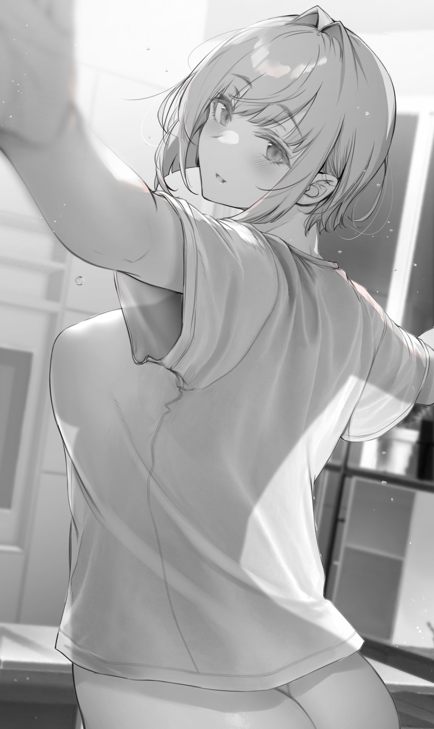 1girl absurdres ass blush breasts commentary_request from_behind gentsuki hair_intakes highres large_breasts looking_at_viewer monochrome original parted_lips see-through_silhouette shirt short_hair short_sleeves smile solo