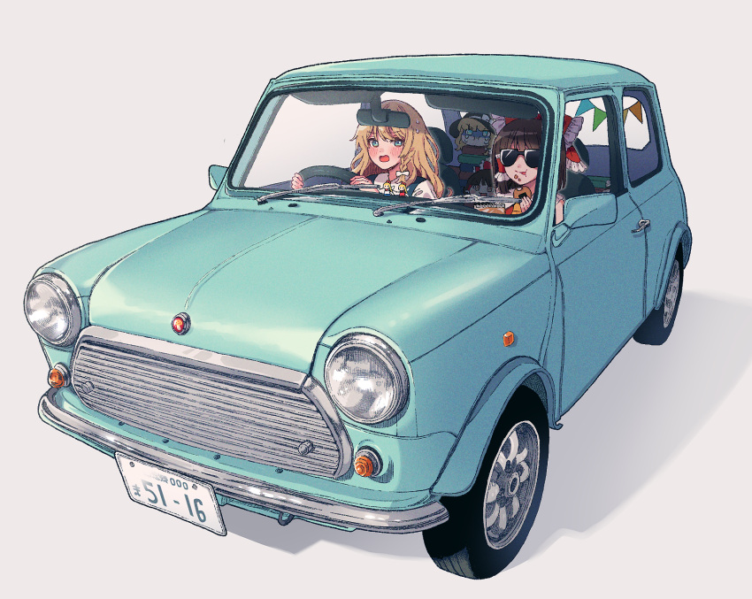 4girls ascot blonde_hair blue_car blush book bow braid brown_hair car crumbs crying driving eating frilled_hair_tubes frills hair_bow hair_tubes hakurei_reimu hat highres hourai_doll kirisame_marisa license_plate medium_hair mini_cooper motor_vehicle multiple_girls multiple_hair_bows open_mouth pout right-hand_drive shanghai_doll short_hair single_braid steering_wheel sunglasses sweatdrop touhou touya_(konpekitou) vehicle_focus witch_hat yellow_ascot yukkuri_shiteitte_ne