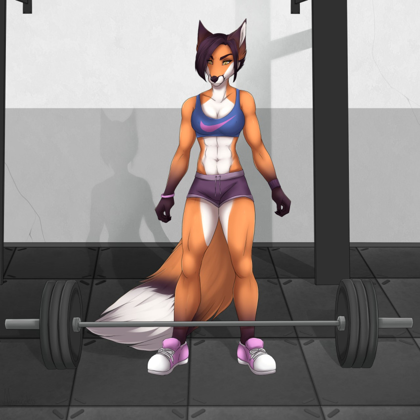 abs anthro bra bronx23 canid canine clothing female fox gym hi_res mammal mouscedess muscular muscular_female rosaline_(bronx23) solo sports_bra underwear weights