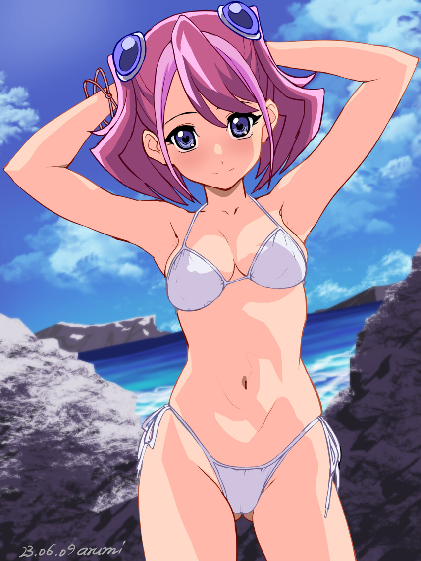 1girl armpits arms_behind_head artist_name ass_visible_through_thighs baba_arumi bare_arms bare_shoulders bikini blue_eyes blue_sky breasts closed_mouth cloud commentary_request commission cowboy_shot dated day dutch_angle hair_between_eyes hair_ornament highres hiiragi_yuzu looking_at_viewer medium_breasts multicolored_hair navel ocean outdoors partial_commentary pink_hair side-tie_bikini_bottom skeb_commission sky smile solo split_mouth stomach streaked_hair swimsuit twintails white_bikini yu-gi-oh! yu-gi-oh!_arc-v