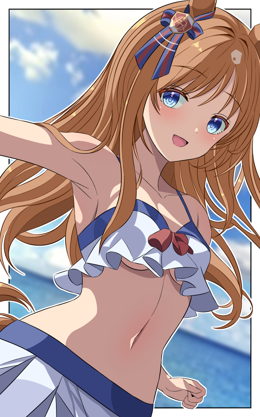 1girl 96dai_0313 absurdres alternate_costume animal_ears armpits bare_shoulders bikini blue_eyes blue_sky blurry blurry_background border breasts brown_hair cloud cloudy_sky commentary_request dutch_angle ear_ornament grass_wonder_(umamusume) highres horse_ears horse_girl horse_tail long_hair looking_at_viewer multicolored_hair navel ocean open_mouth outdoors sky small_breasts smile solo streaked_hair swimsuit tail umamusume underboob water white_bikini white_border white_hair