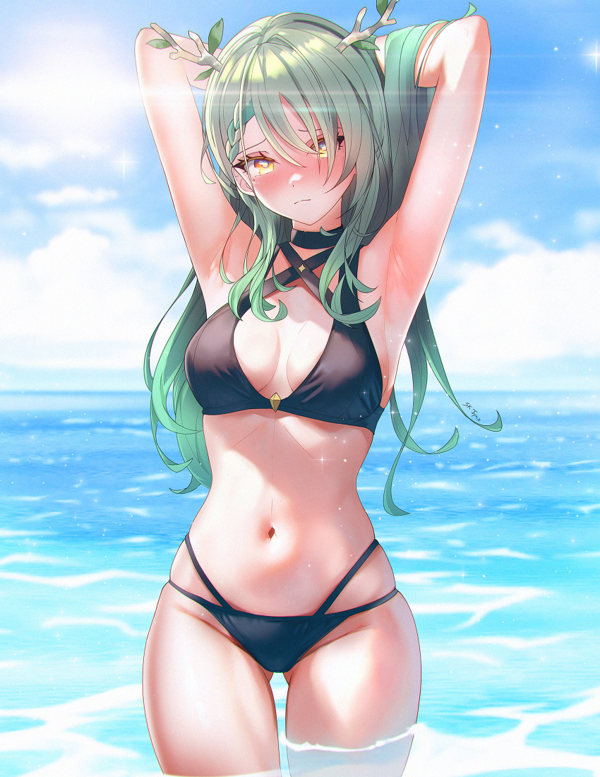 1girl antlers arm_up armpits ass_visible_through_thighs beach bikini black_bikini blush braid braided_bangs branch breasts ceres_fauna choker cleavage colored_tips commentary english_commentary green_hair hair_flowing_over highres hololive hololive_english long_hair looking_at_viewer medium_breasts midriff mole mole_under_eye multi-strapped_bikini multicolored_hair navel single_braid sk_jynx skindentation solo stomach streaked_hair swimsuit virtual_youtuber water yellow_eyes