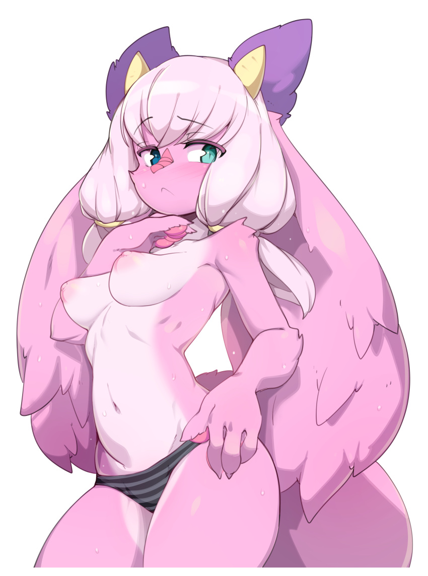 4_fingers absurd_res accessory alien anthro black_clothing black_panties black_underwear blue_eyes blush breasts cal-tsi clothed clothing countershade_torso countershading dragon female fingers fur furred_dragon hair_accessory hair_ring hally_(hally) hi_res horn nipples panties panties_only pawpads pink_body pink_fur pink_pawpads purple_ears slugbox solo topless underwear underwear_only wings