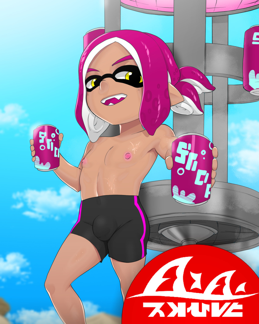 4:5 animal_humanoid athletic beverage beverage_can bulge cephalopod cephalopod_humanoid clothed clothing detailed_bulge fan_character hi_res humanoid inkling inkling_boy kae'est low-angle_view magenta_hair male marine marine_humanoid mollusk mollusk_humanoid nintendo nipples offering_to_viewer open_mouth open_smile pistol_(oc) sharp_teeth shirtless_male smile soda solo spats splatoon tacticooler tan_body tan_skin teeth third-party_edit topless yellow_eyes