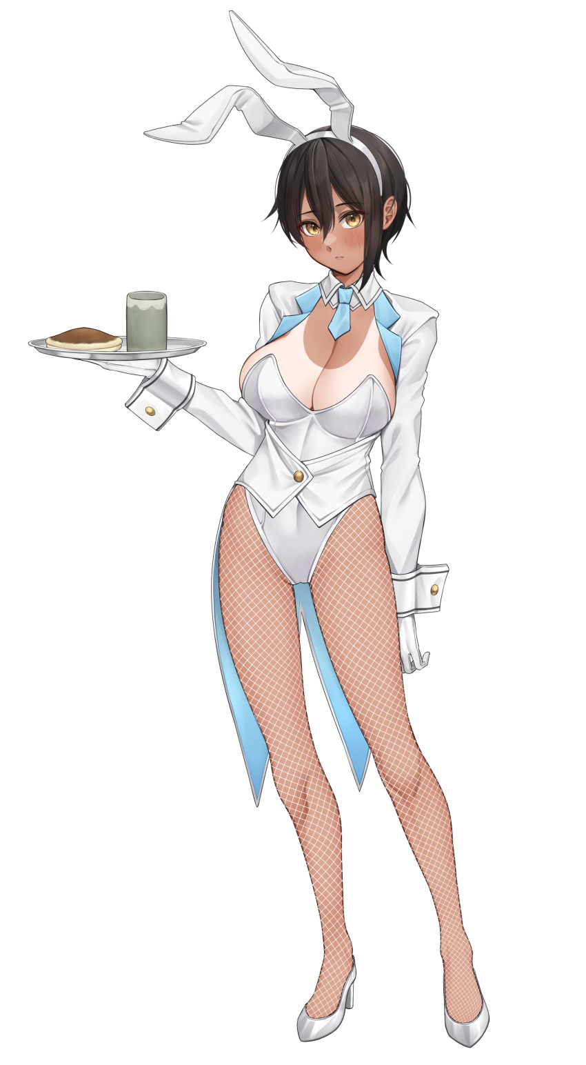 1girl absurdres animal_ears black_hair blue_necktie blush breasts brown_pantyhose cleavage coattails cup detached_collar fake_animal_ears food full_body gloves hairband high_heels highres holding holding_tray jacket large_breasts leotard long_sleeves looking_at_viewer necktie one-piece_tan open_clothes open_jacket original pantyhose parted_lips short_hair simple_background solo standing strapless strapless_leotard tan tanlines tray white_background white_footwear white_gloves white_hairband white_jacket white_leotard wrist_cuffs yellow_eyes yuya_(yuya_illust)