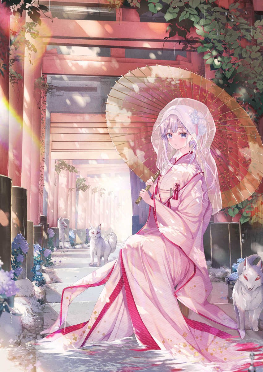 1girl :o absurdres animal blue_eyes blue_flower blush commentary_request day flower fox grey_hair hair_flower hair_ornament highres hiiraki_asuka holding holding_umbrella japanese_clothes kimono long_hair long_sleeves looking_at_viewer multiple_torii oil-paper_umbrella outdoors parted_lips pink_kimono shallow_water sitting solo sousouman stairs stone_stairs sunlight torii transparent transparent_umbrella twinbox_school umbrella veil very_long_hair water wide_sleeves