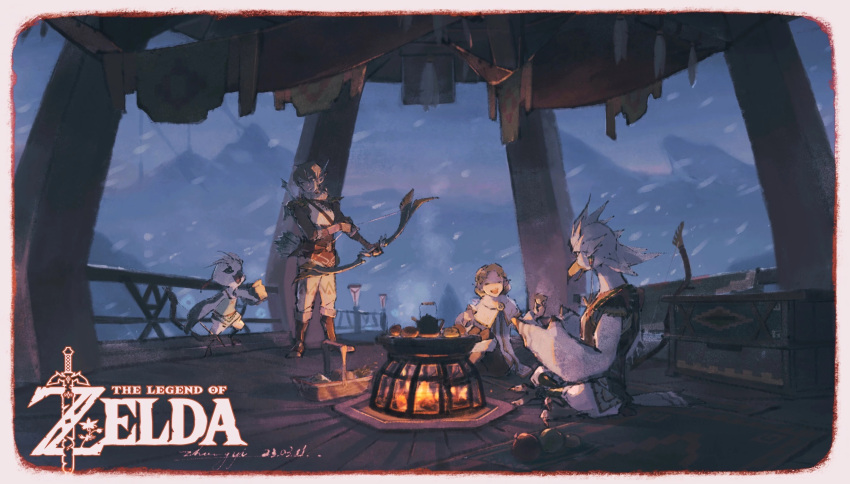 bird_boy blonde_hair bow_(weapon) campfire child dusk highres indoors kchang57 link mountainous_horizon princess_zelda princess_zelda_(botw) rito scenery sitting smile snowing snowquill_set_(zelda) talking teba_(zelda) the_legend_of_zelda the_legend_of_zelda:_breath_of_the_wild tulin_(zelda) weapon