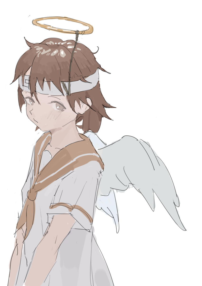 1girl absurdres brown_hair fake_halo haibane_renmei halo highres looking_at_viewer neckerchief orange_neckerchief orange_sailor_collar rakka_(haibane) reisende1969 sailor_collar short_hair short_sleeves simple_background sketch solo wings