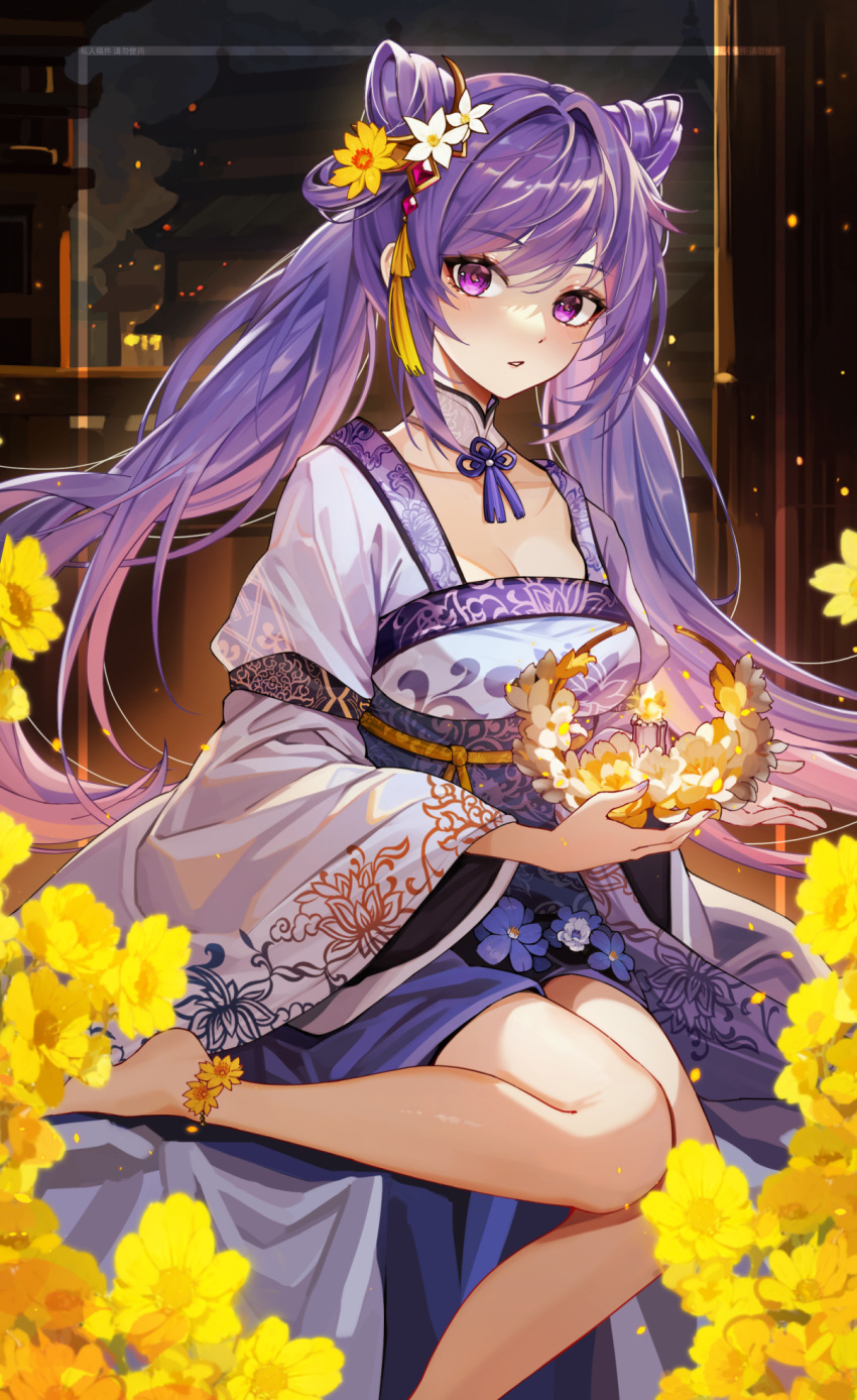 1girl alternate_costume barefoot breasts candle chen_ying_(alan-yut) chinese_clothes cleavage commentary_request cone_hair_bun detached_collar flower foot_out_of_frame genshin_impact hair_bun hair_flower hair_ornament hanfu highres holding holding_candle keqing_(genshin_impact) legs long_hair long_sleeves looking_at_viewer obi parted_lips purple_eyes purple_hair purple_nails sash sitting solo white_flower wide_sleeves yellow_flower
